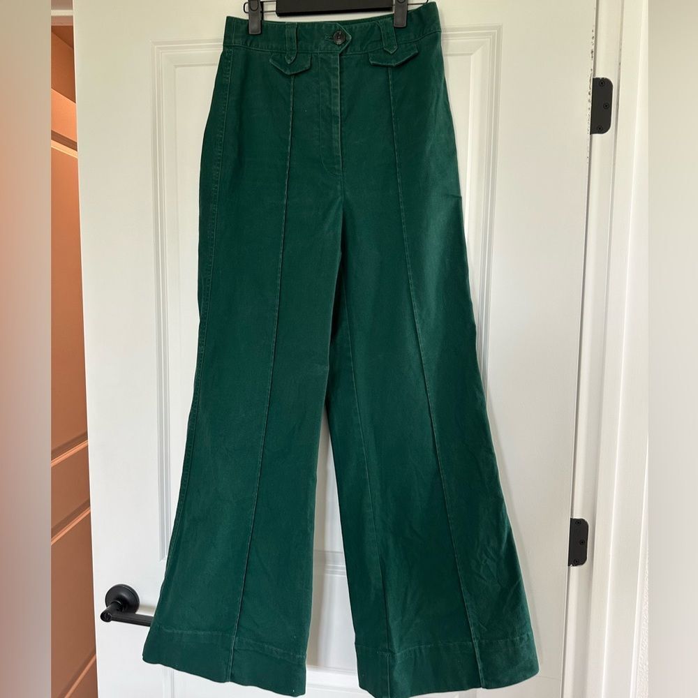 Anthropologie Size 4 Dark Green Wide Leg Flare Twill Trouser Pants